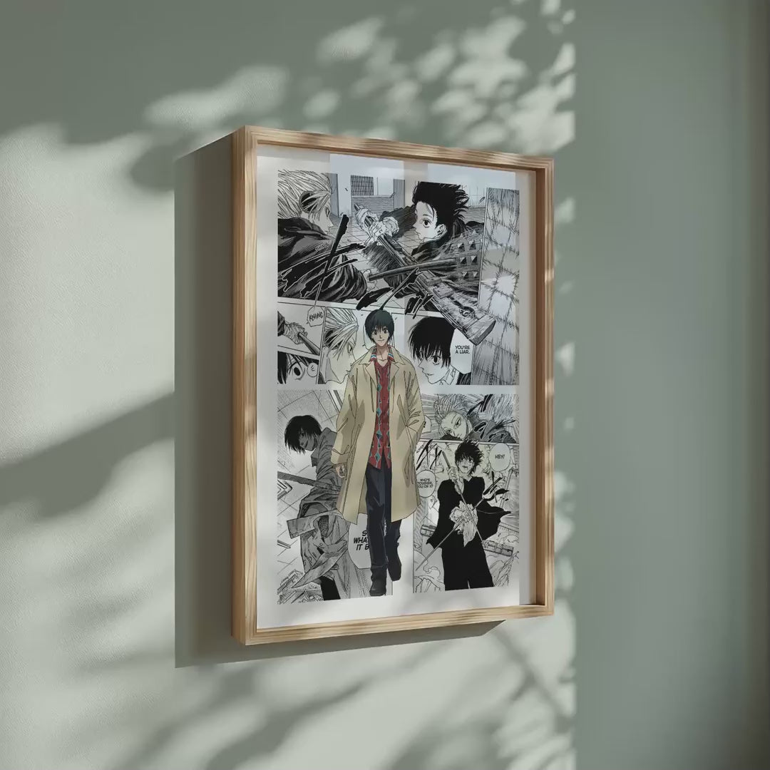 Video of the Yoichi Nagumo manga poster inspired by Sakamoto Days in a light wood frame on a sage green wall
