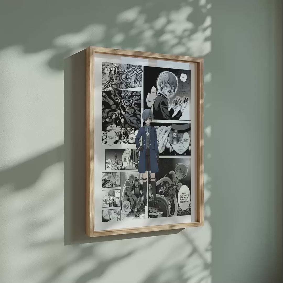 Video of the Ciel Phantomhive manga poster inspired by Black Butler in a light wood frame on a sage green wall