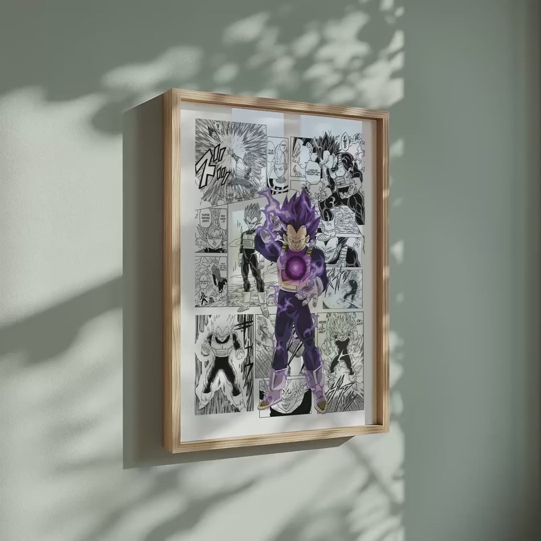 Video of the Vegeta Ultra Ego manga poster inspired by Dragon Ball in a light wood frame on a sage green wall