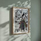 Video of the Trafalgar D. Water Law manga poster inspired by One Piece in a light wood frame on a sage green wall