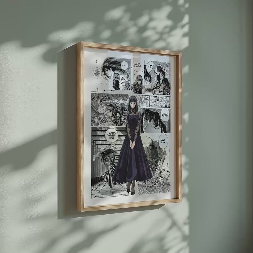 Video of the Osaragi manga poster inspired by Sakamoto Days in a light wood frame on a sage green wall