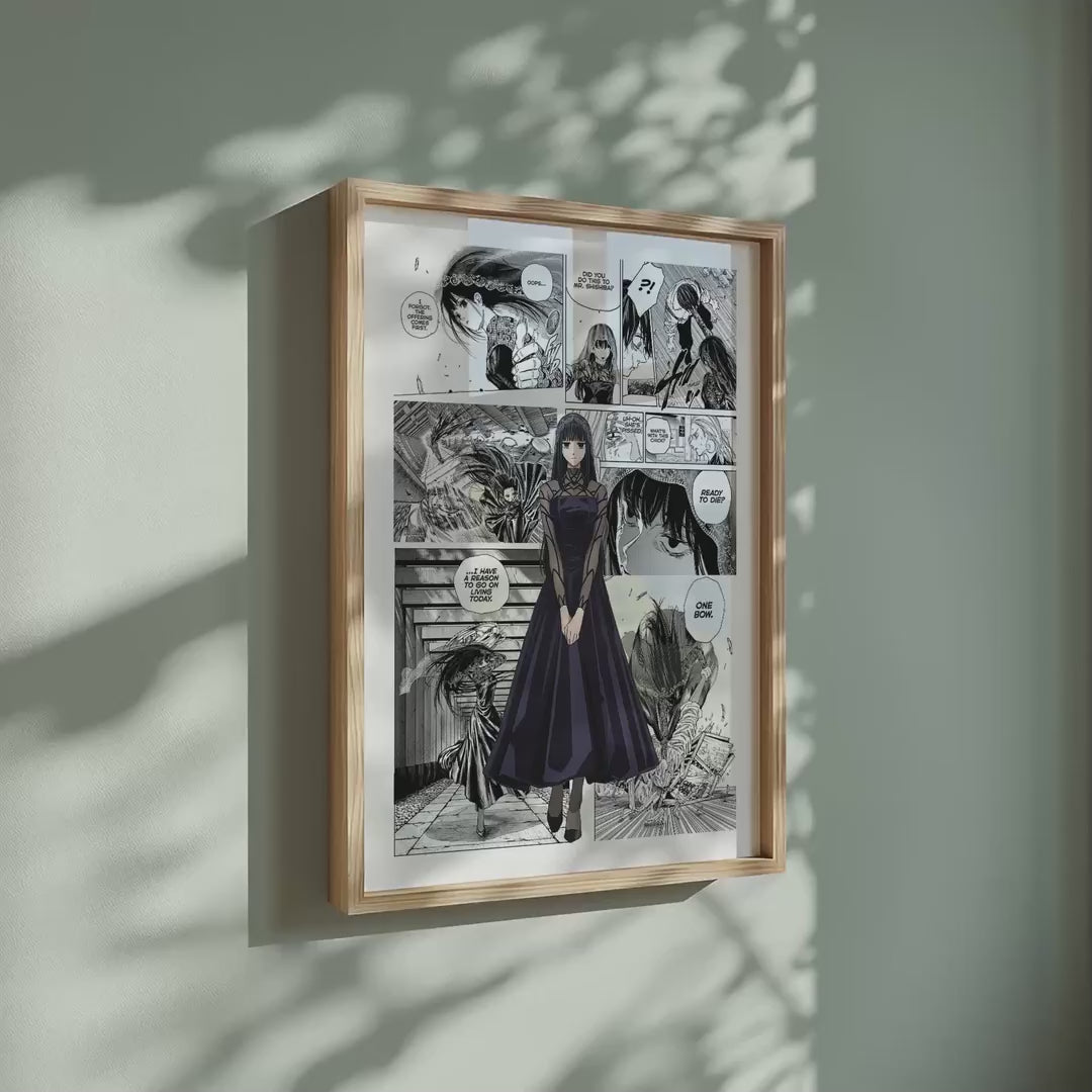 Video of the Osaragi manga poster inspired by Sakamoto Days in a light wood frame on a sage green wall