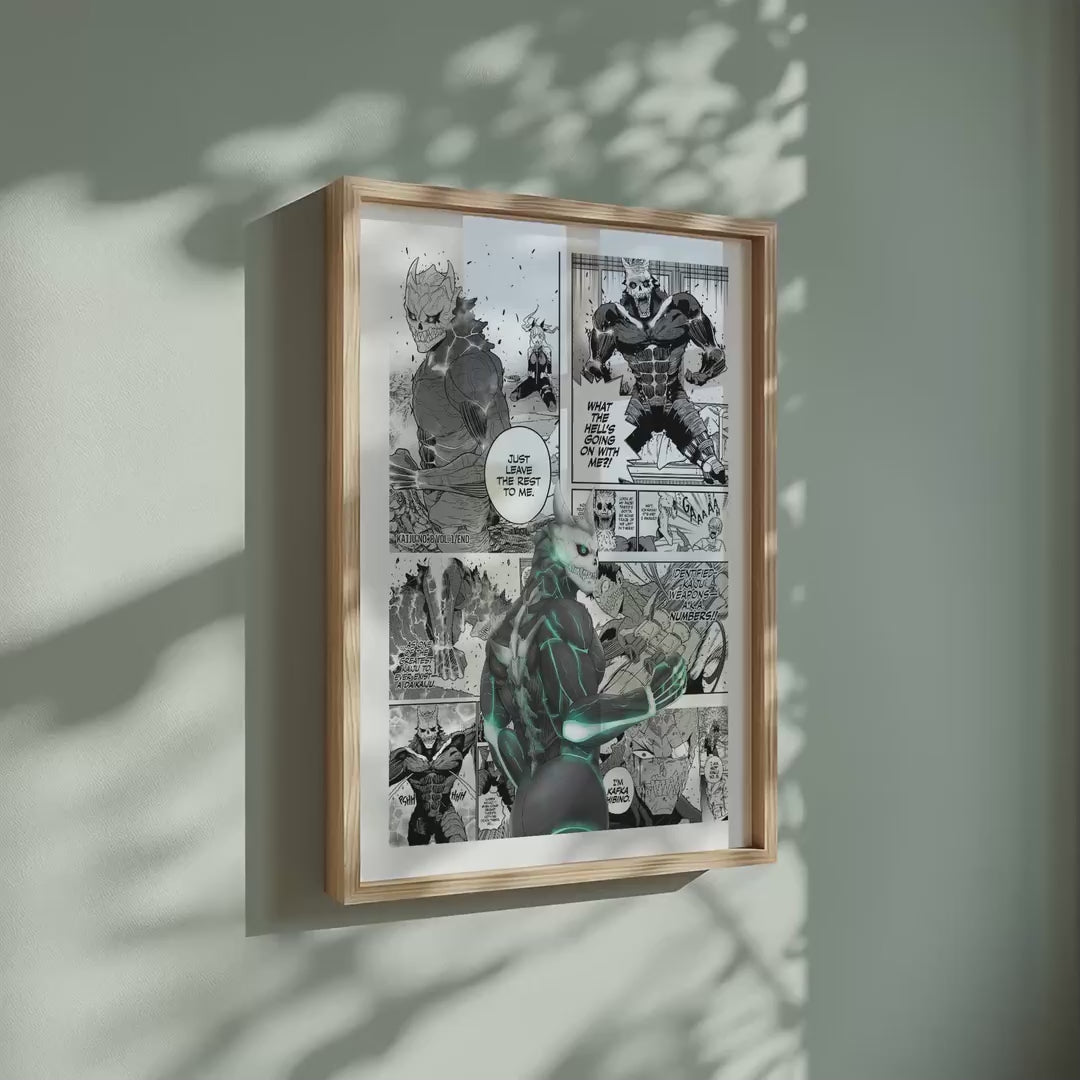 Video of the Kafka Hibino manga poster inspired by Kaiju No. 8 in a light wood frame on a sage green wall