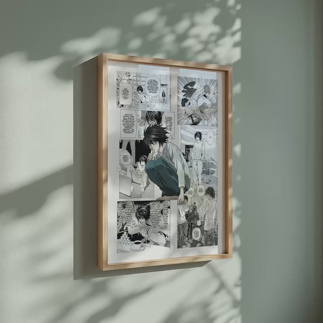 Video of the L Lawliet manga poster inspired by Death Note in a light wood frame on a sage green wall