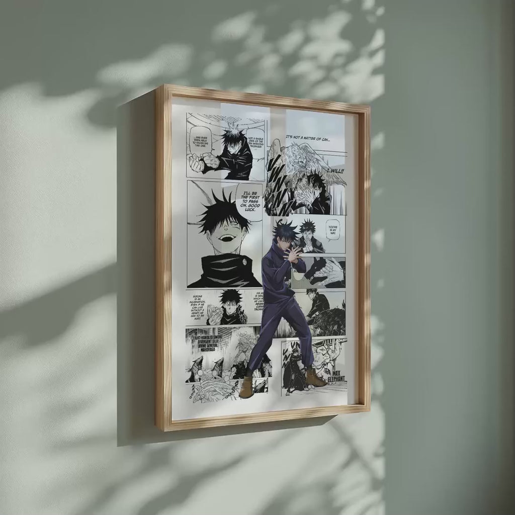 Video of the Megumi Fushiguro manga poster inspired by Jujutsu Kaisen in a light wood frame on a sage green wall