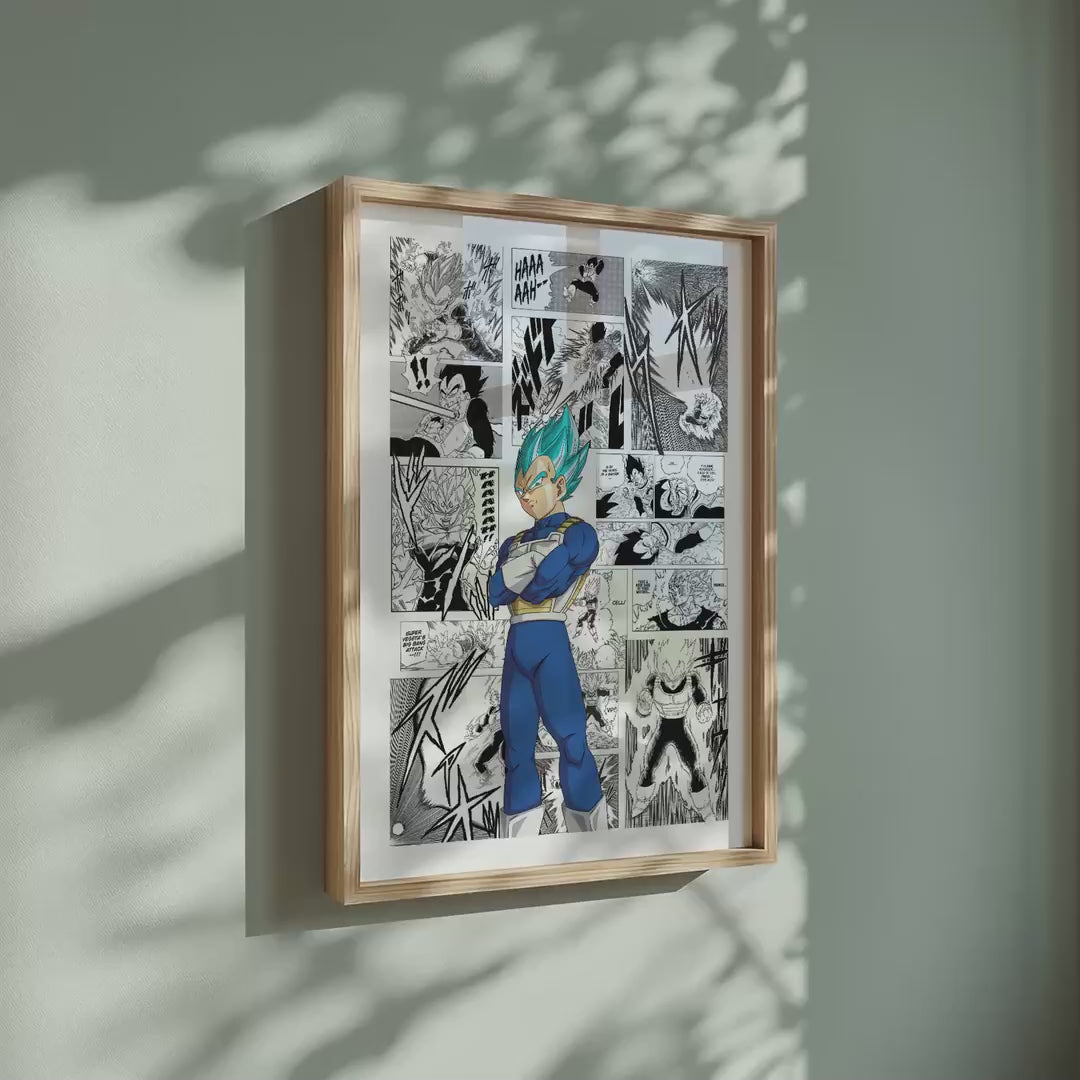 Video of the Vegeta Super Saiyan Blue manga poster inspired by Dragon Ball in a light wood frame on a sage green wall