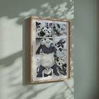 Video of the Panda manga poster inspired by Jujutsu Kaisen in a light wood frame on a sage green wall