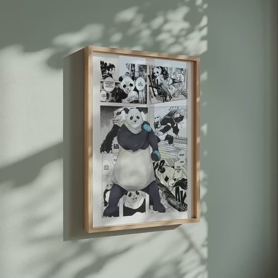 Video of the Panda manga poster inspired by Jujutsu Kaisen in a light wood frame on a sage green wall