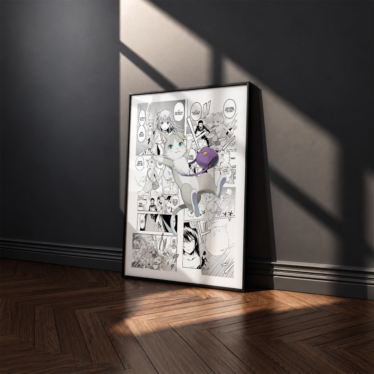 Puck manga poster inspired by Re:Zero in a black frame against a charcoal gray wall