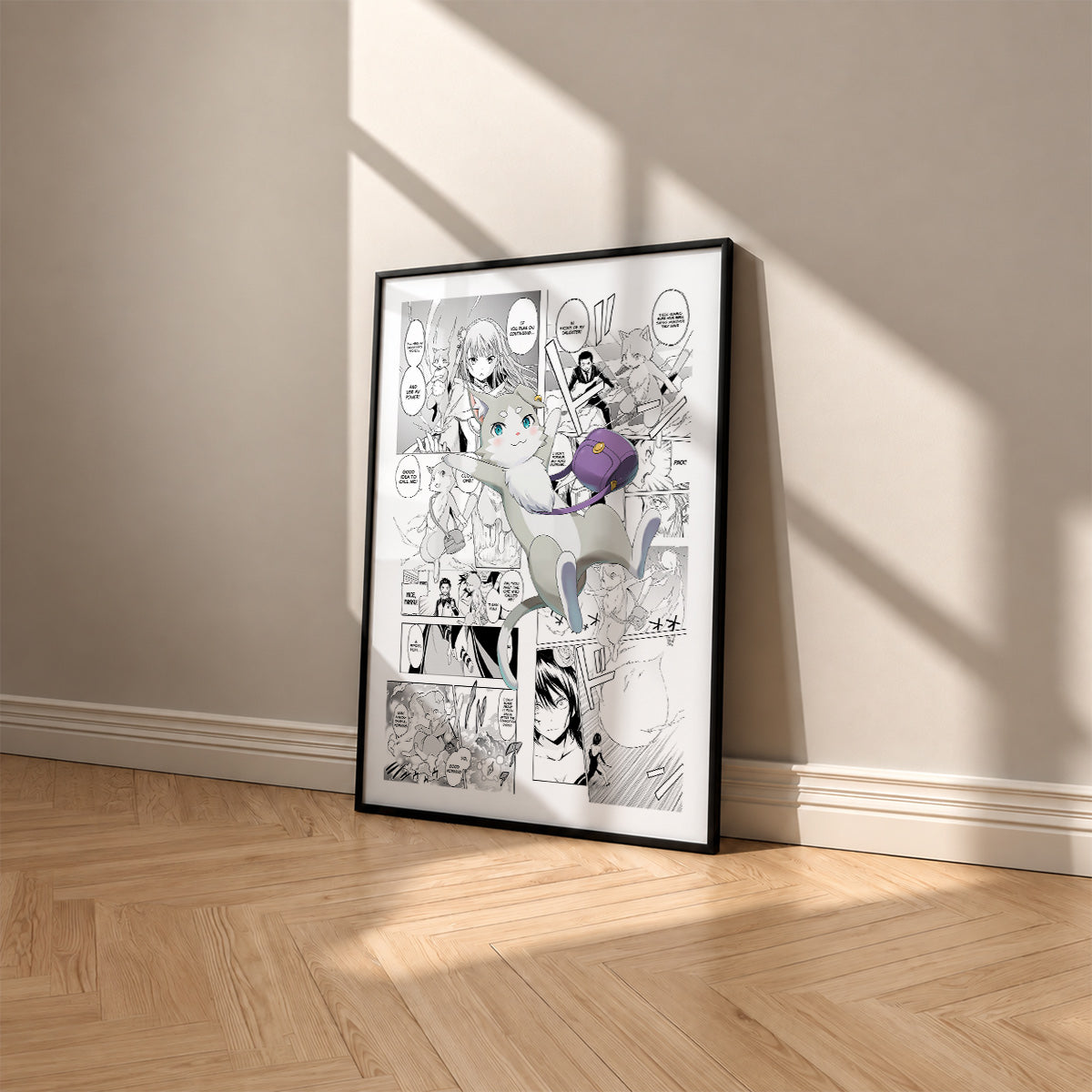 Puck manga poster inspired by Re:Zero in a black frame against a warm beige wall