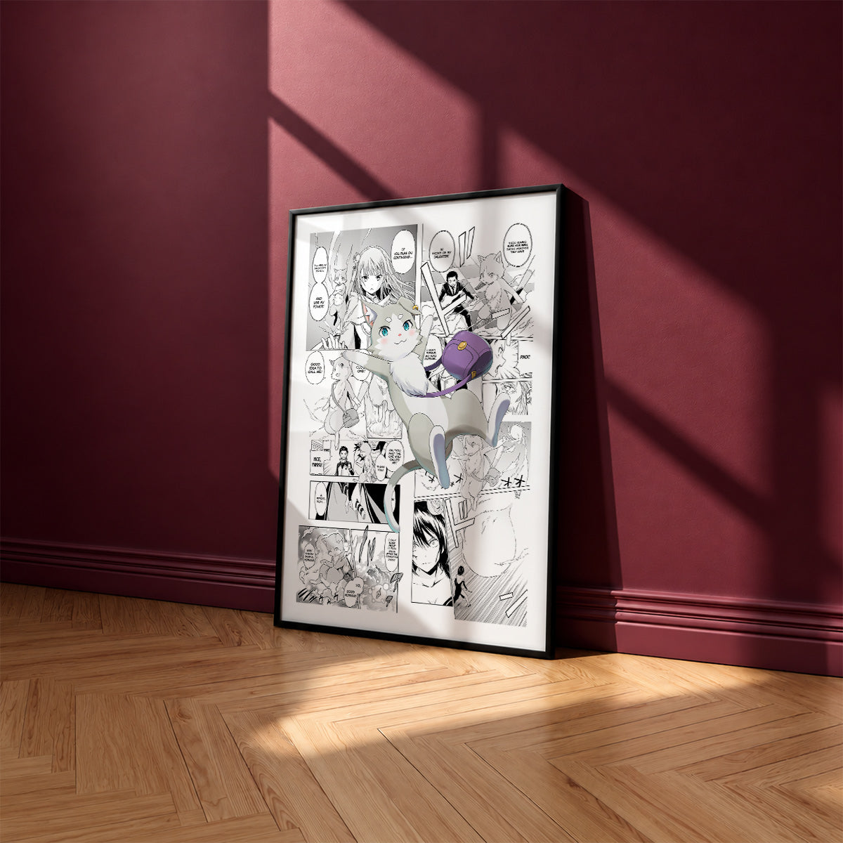 Puck manga poster inspired by Re:Zero in a black frame against a burgundy wall