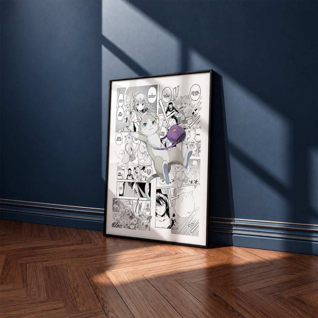 Puck manga poster inspired by Re:Zero in a black frame against a navy blue wall