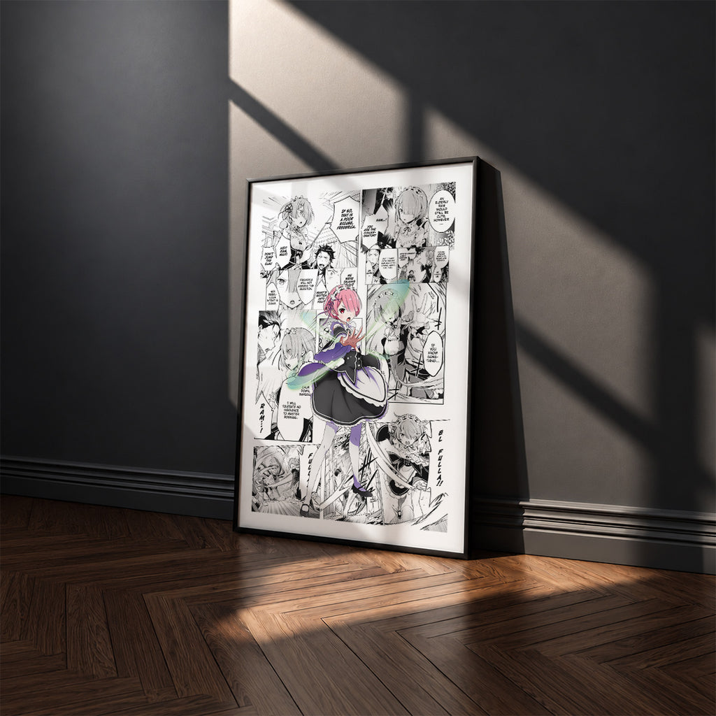 Ram manga poster inspired by Re:Zero in a black frame against a charcoal gray wall