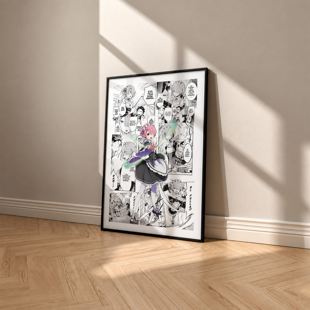 Ram manga poster inspired by Re:Zero in a black frame against a warm beige wall