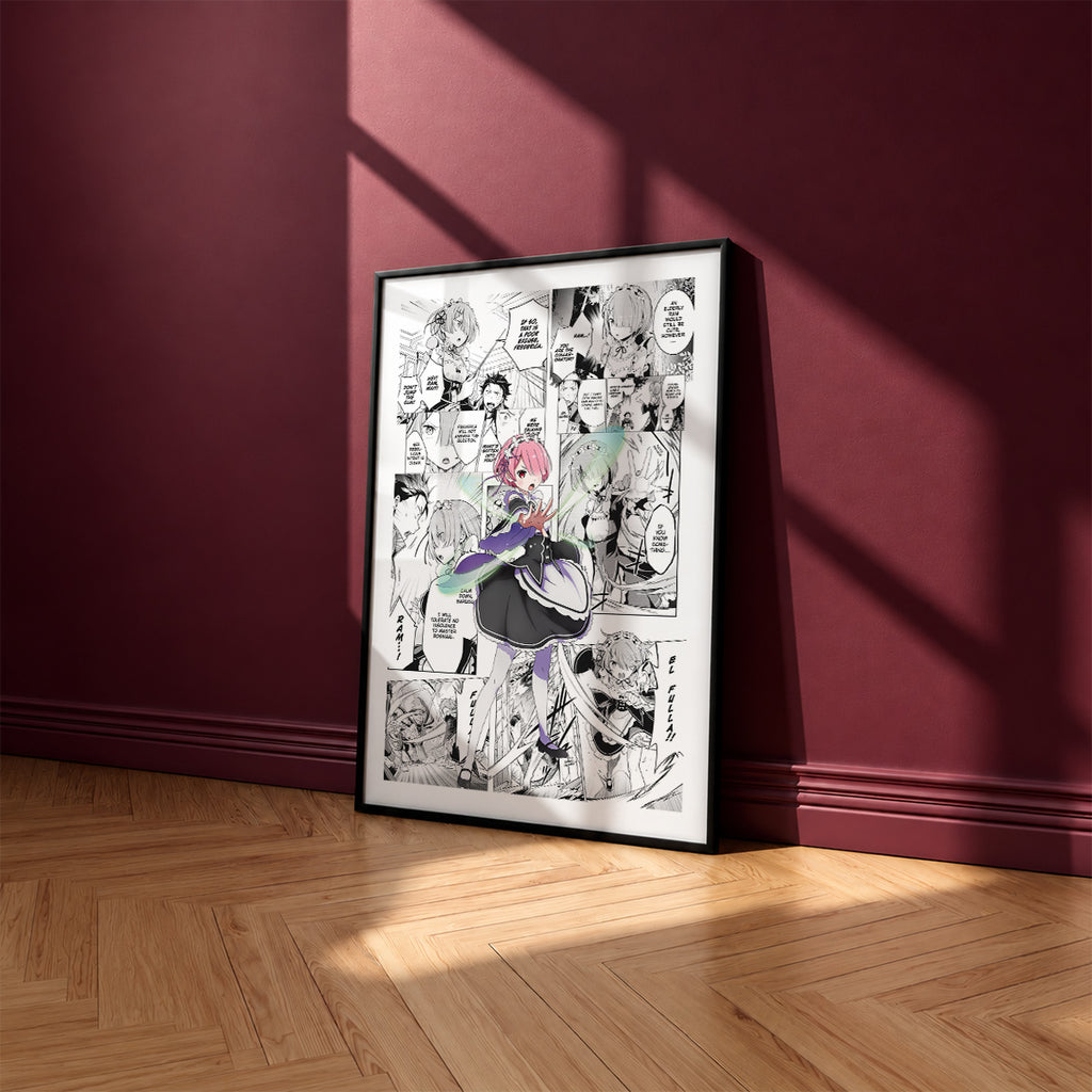 Ram manga poster inspired by Re:Zero in a black frame against a burgundy wall