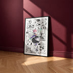 Ram manga poster inspired by Re:Zero in a black frame against a burgundy wall