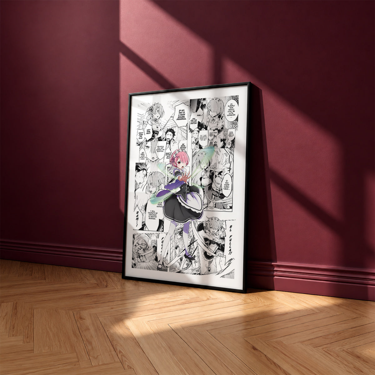Ram manga poster inspired by Re:Zero in a black frame against a burgundy wall