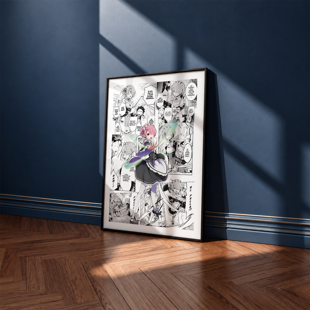 Ram manga poster inspired by Re:Zero in a black frame against a navy blue wall