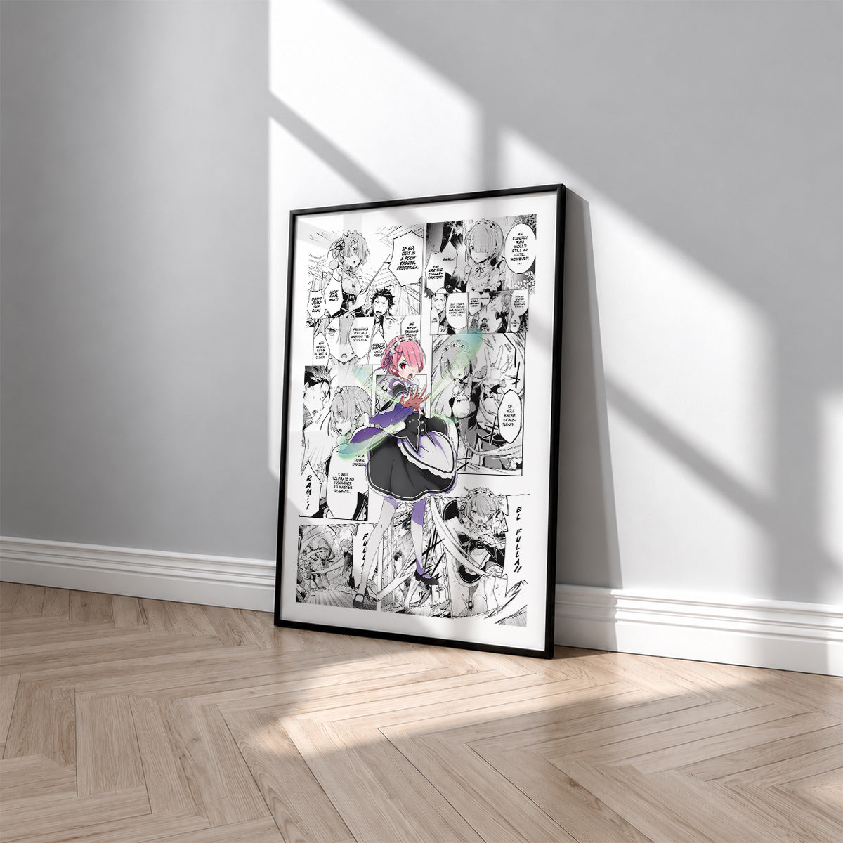 Ram manga poster inspired by Re:Zero in a black frame against a light gray wall