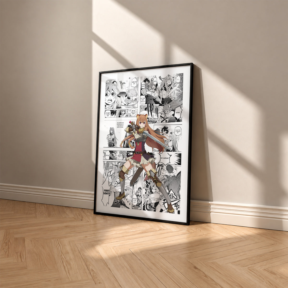 Raphtalia manga poster inspired by The Rising of the Shield Hero in a black frame against a warm beige wall