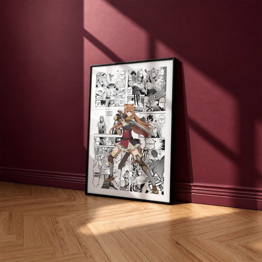 Raphtalia manga poster inspired by The Rising of the Shield Hero in a black frame against a burgundy wall