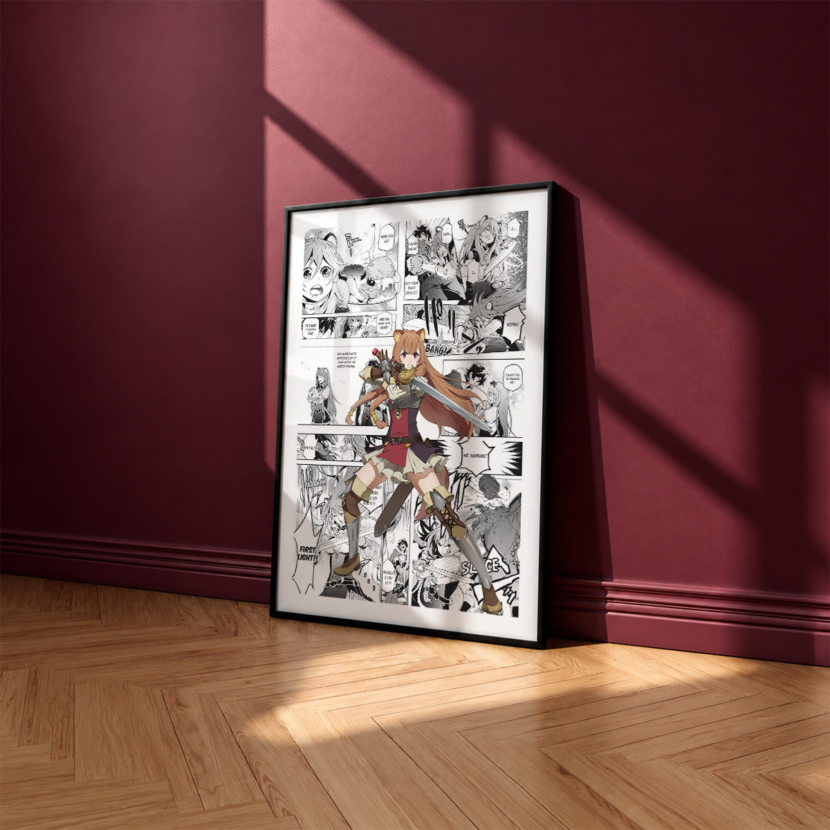 Raphtalia manga poster inspired by The Rising of the Shield Hero in a black frame against a burgundy wall