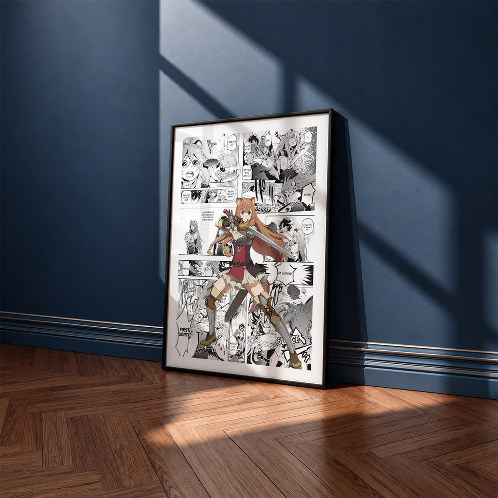 Raphtalia manga poster inspired by The Rising of the Shield Hero in a black frame against a navy blue wall