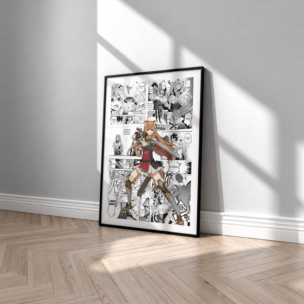 Raphtalia manga poster inspired by The Rising of the Shield Hero in a black frame against a light gray wall