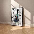 Rebecca manga poster inspired by Cyberpunk: Edgerunners in a black frame against a warm beige wall