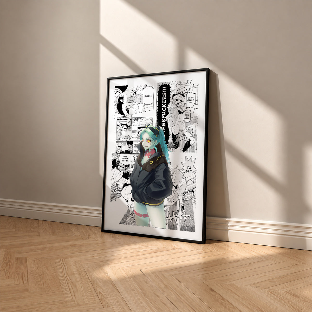 Rebecca manga poster inspired by Cyberpunk: Edgerunners in a black frame against a warm beige wall