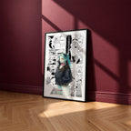 Rebecca manga poster inspired by Cyberpunk: Edgerunners in a black frame against a burgundy wall