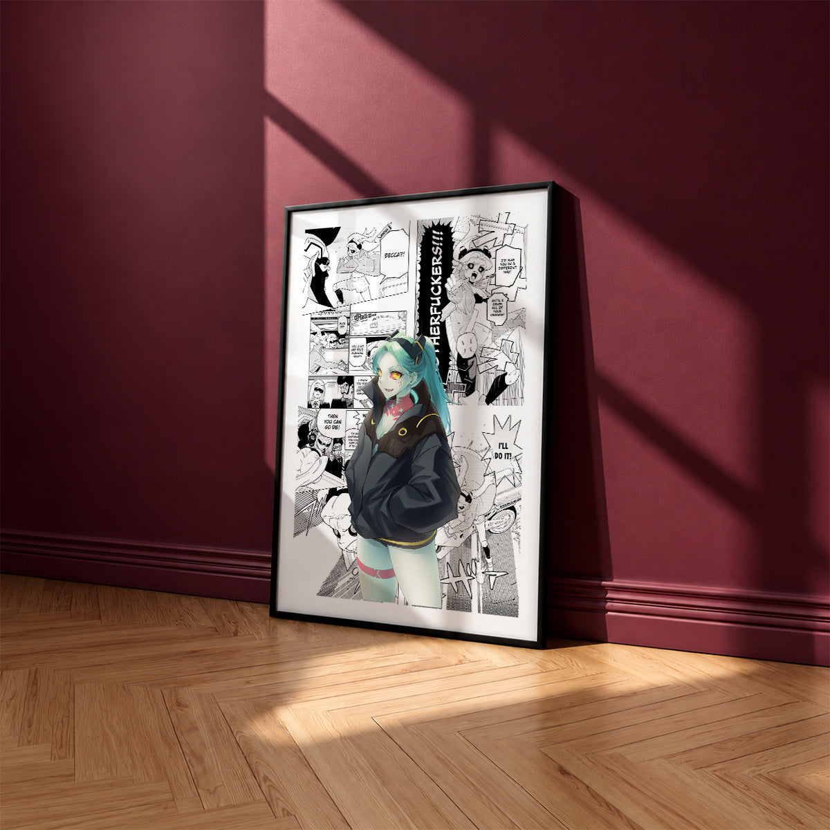 Rebecca manga poster inspired by Cyberpunk: Edgerunners in a black frame against a burgundy wall