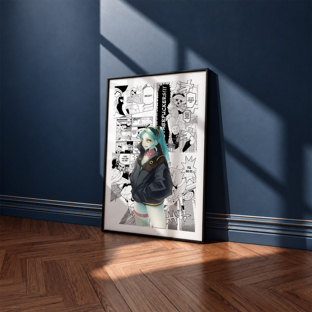 Rebecca manga poster inspired by Cyberpunk: Edgerunners in a black frame against a navy blue wall