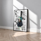 Rebecca manga poster inspired by Cyberpunk: Edgerunners in a black frame against a light gray wall