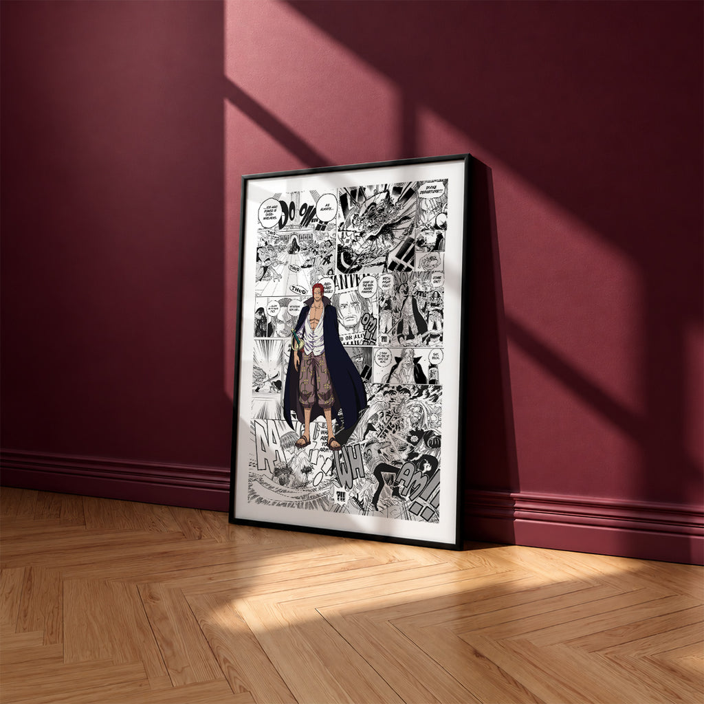 Red-Haired Shanks manga poster inspired by One Piece in a black frame against a burgundy wall