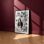 Red-Haired Shanks manga poster inspired by One Piece in a black frame against a burgundy wall