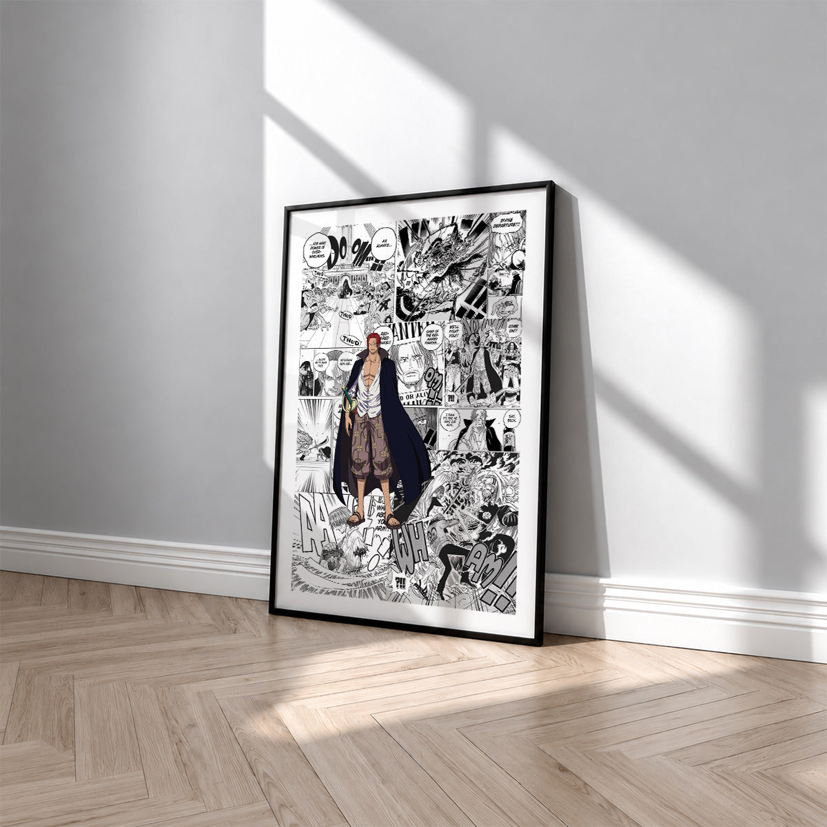 Red-Haired Shanks manga poster inspired by One Piece in a black frame against a light gray wall