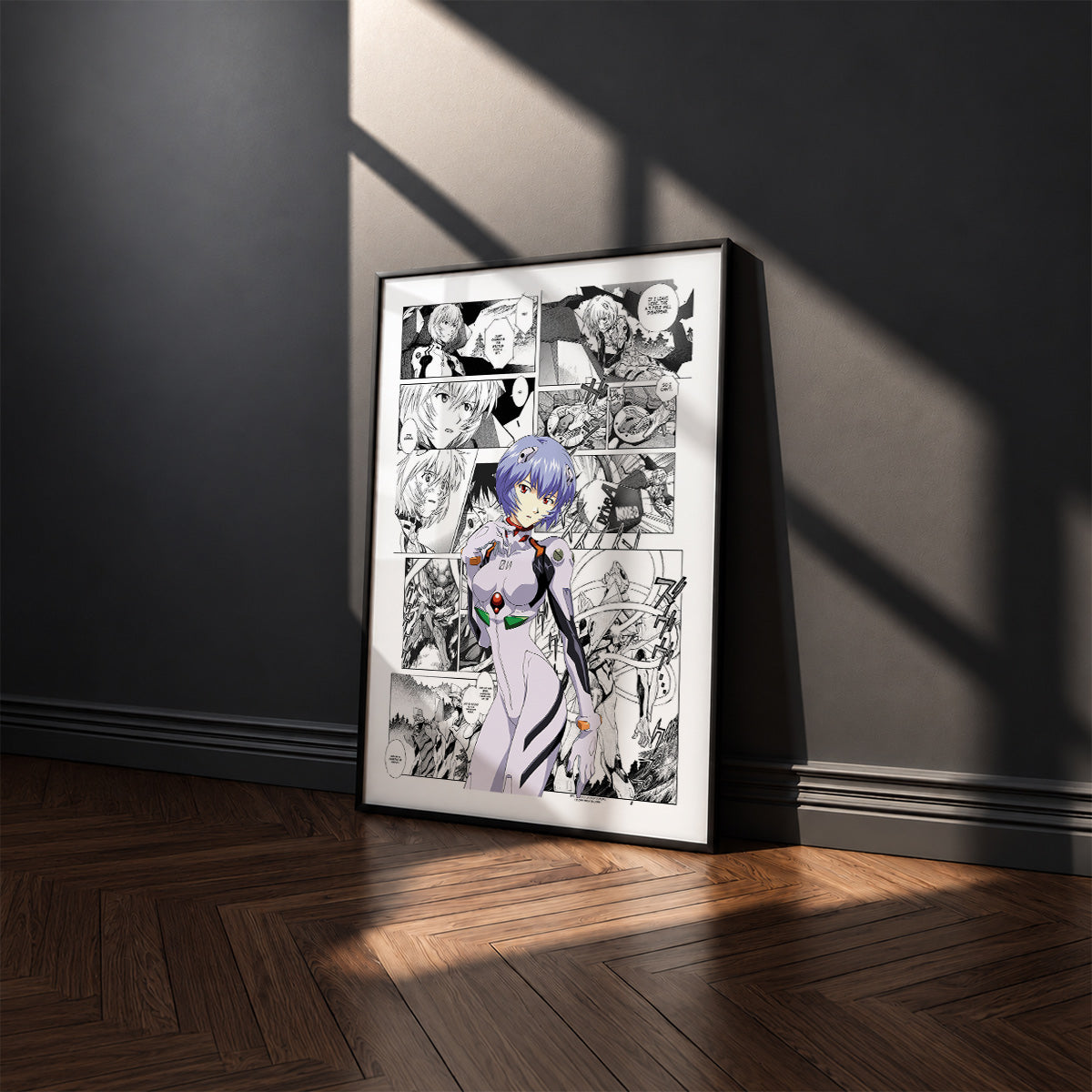Rei Ayanami manga poster inspired by Neon Genesis Evangelion in a black frame against a charcoal gray wall