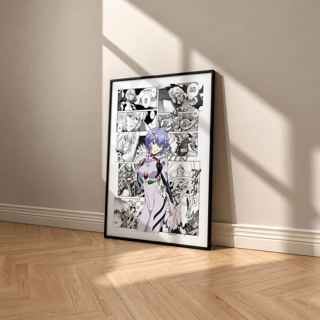 Rei Ayanami manga poster inspired by Neon Genesis Evangelion in a black frame against a warm beige wall
