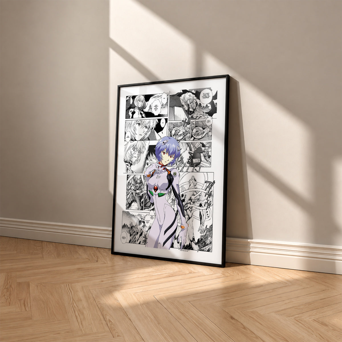 Rei Ayanami manga poster inspired by Neon Genesis Evangelion in a black frame against a warm beige wall