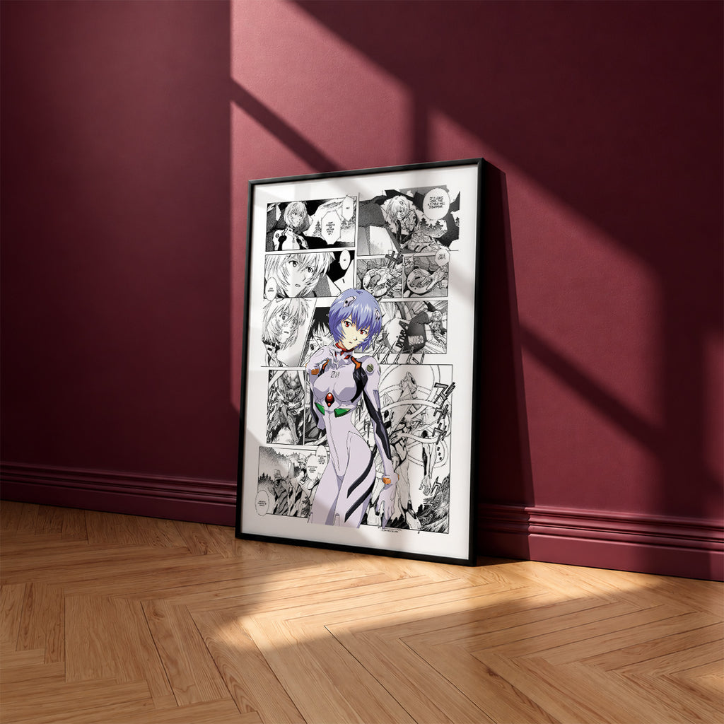 Rei Ayanami manga poster inspired by Neon Genesis Evangelion in a black frame against a burgundy wall