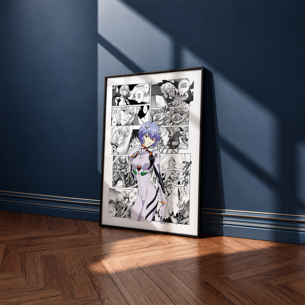 Rei Ayanami manga poster inspired by Neon Genesis Evangelion in a black frame against a navy blue wall