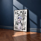 Rei Ayanami manga poster inspired by Neon Genesis Evangelion in a black frame against a navy blue wall