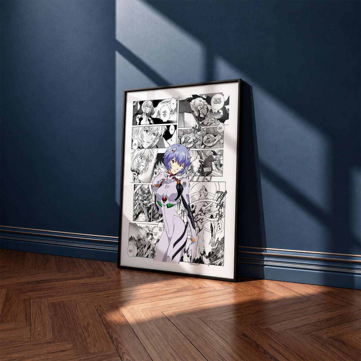 Rei Ayanami manga poster inspired by Neon Genesis Evangelion in a black frame against a navy blue wall