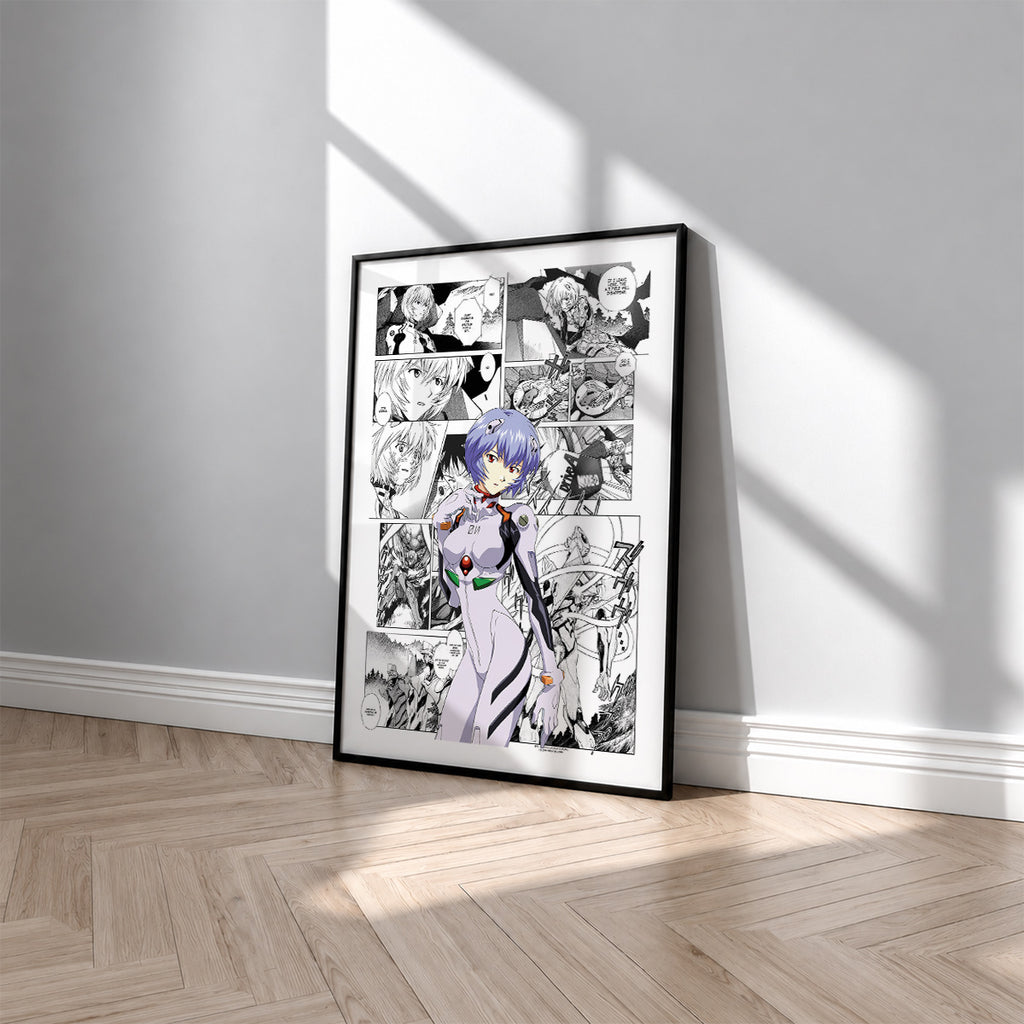 Rei Ayanami manga poster inspired by Neon Genesis Evangelion in a black frame against a light gray wall