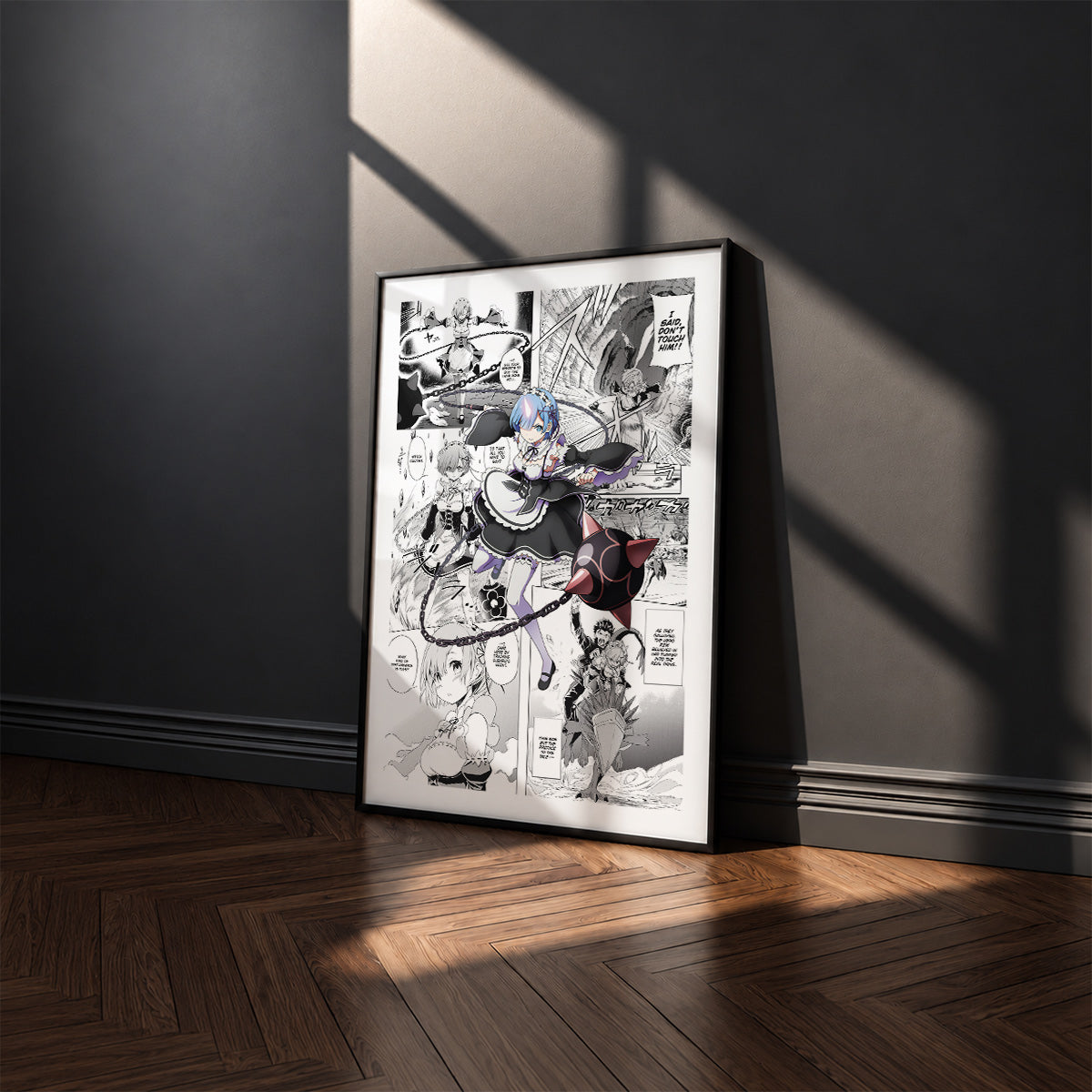 Rem manga poster inspired by Re:Zero in a black frame against a charcoal gray wall