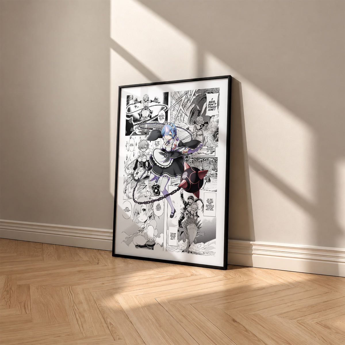 Rem manga poster inspired by Re:Zero in a black frame against a warm beige wall