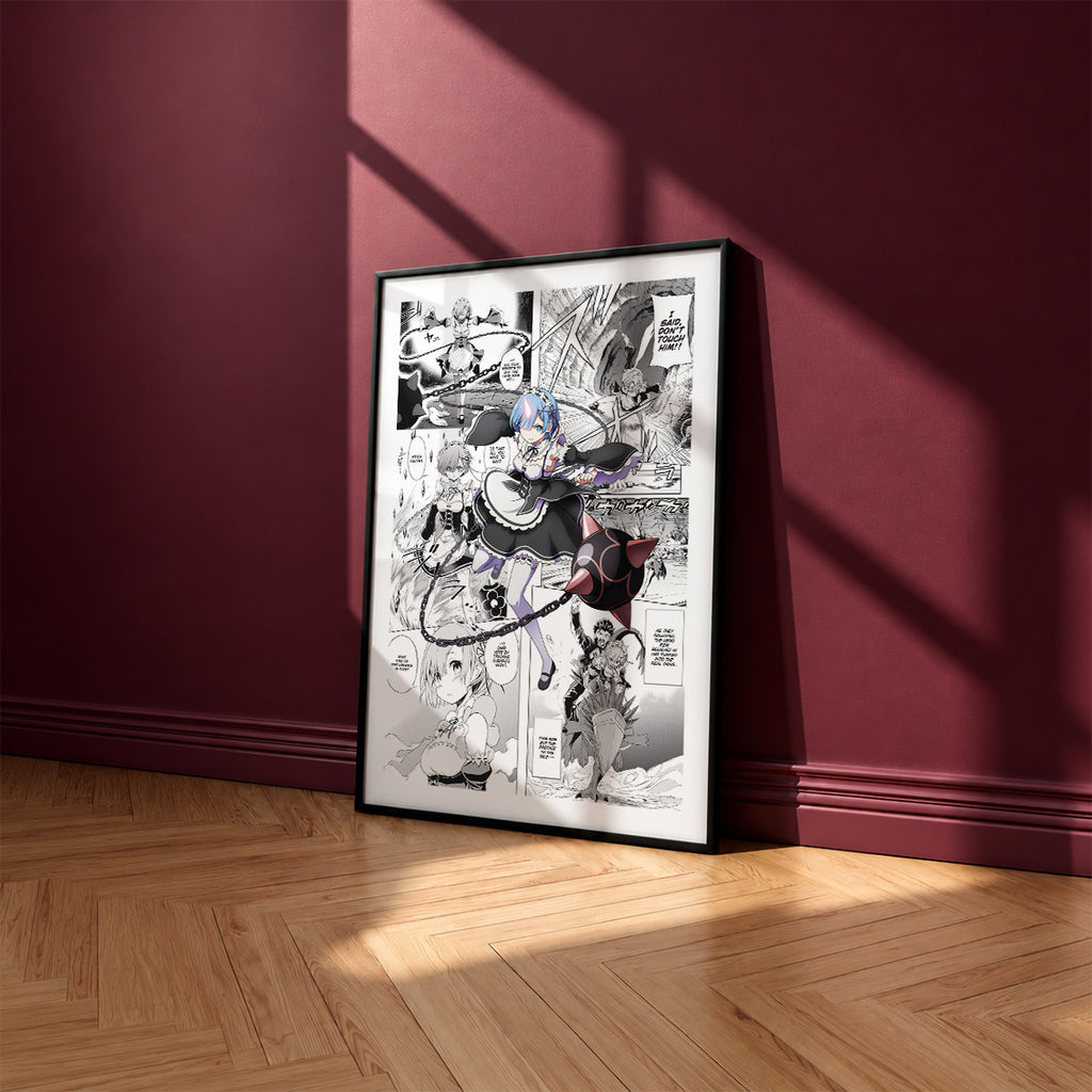 Rem manga poster inspired by Re:Zero in a black frame against a burgundy wall
