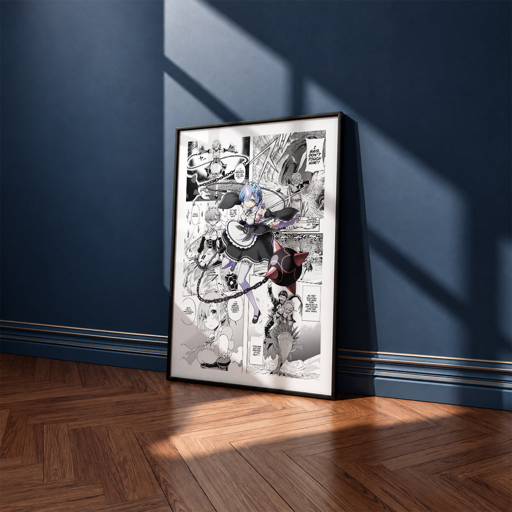 Rem manga poster inspired by Re:Zero in a black frame against a navy blue wall