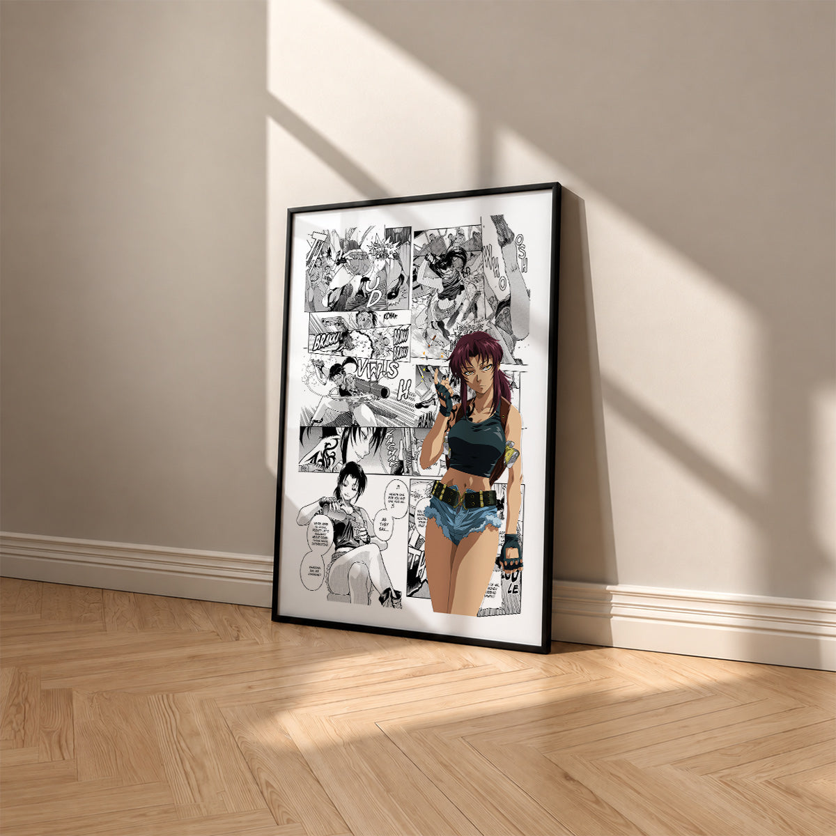 Revy manga poster inspired by Black Lagoon in a black frame against a warm beige wall